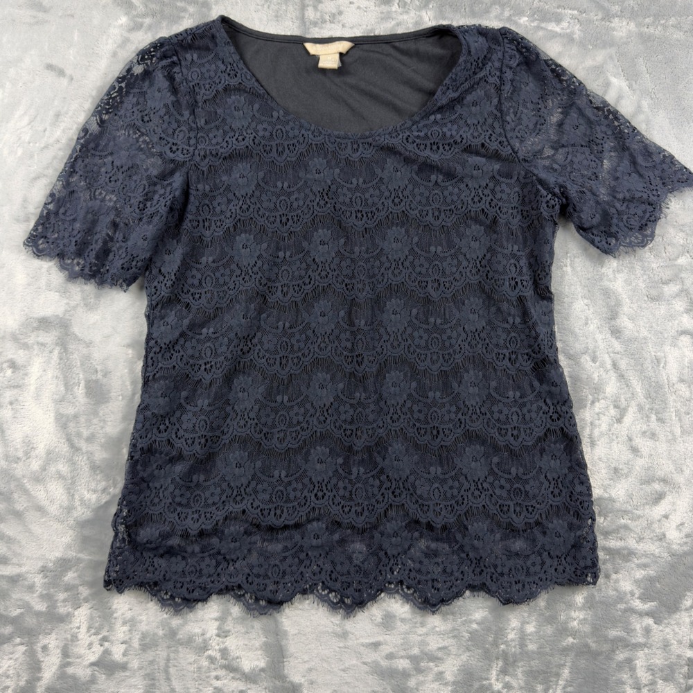 Banana Republic Navy Blue Floral Lace Short Sleeve Top Scallop Hem Medium